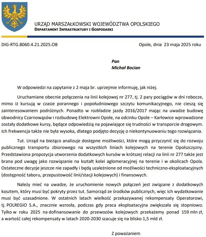 Odpowiedź Urzędu Marszałkowskiego na zapytanie ws. połączeń na linii kolejowej nr 277